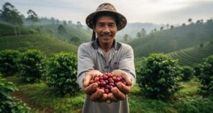 Petani kopi di Gununghalu, Bandung Barat, memamerkan hasil panen biji kopi Arabika di tengah perkebunan yang subur, menggambarkan potensi ekonomi lokal