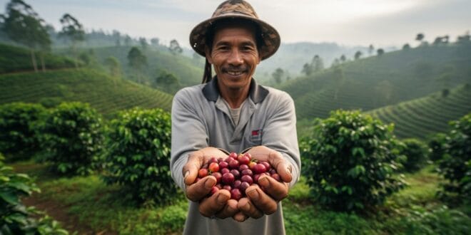 Petani kopi di Gununghalu, Bandung Barat, memamerkan hasil panen biji kopi Arabika di tengah perkebunan yang subur, menggambarkan potensi ekonomi lokal
