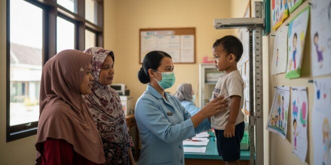 Petugas kesehatan Puskesmas Ciwaruga di Parongpong, Bandung Barat, mengukur balita dalam program pencegahan stunting yang gencar dilakukan Dinkes KBB